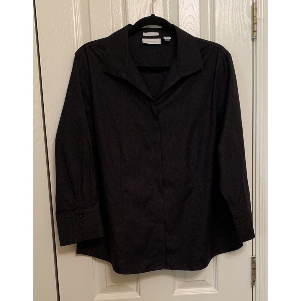 Chicos Size 2 Womens Large Top No Iron Black Hidden Button 100% Cotton